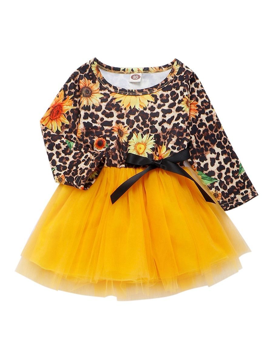 Fashion Girl Sunflower Leopard Print Mesh Patchwork Dress - dianjiang-