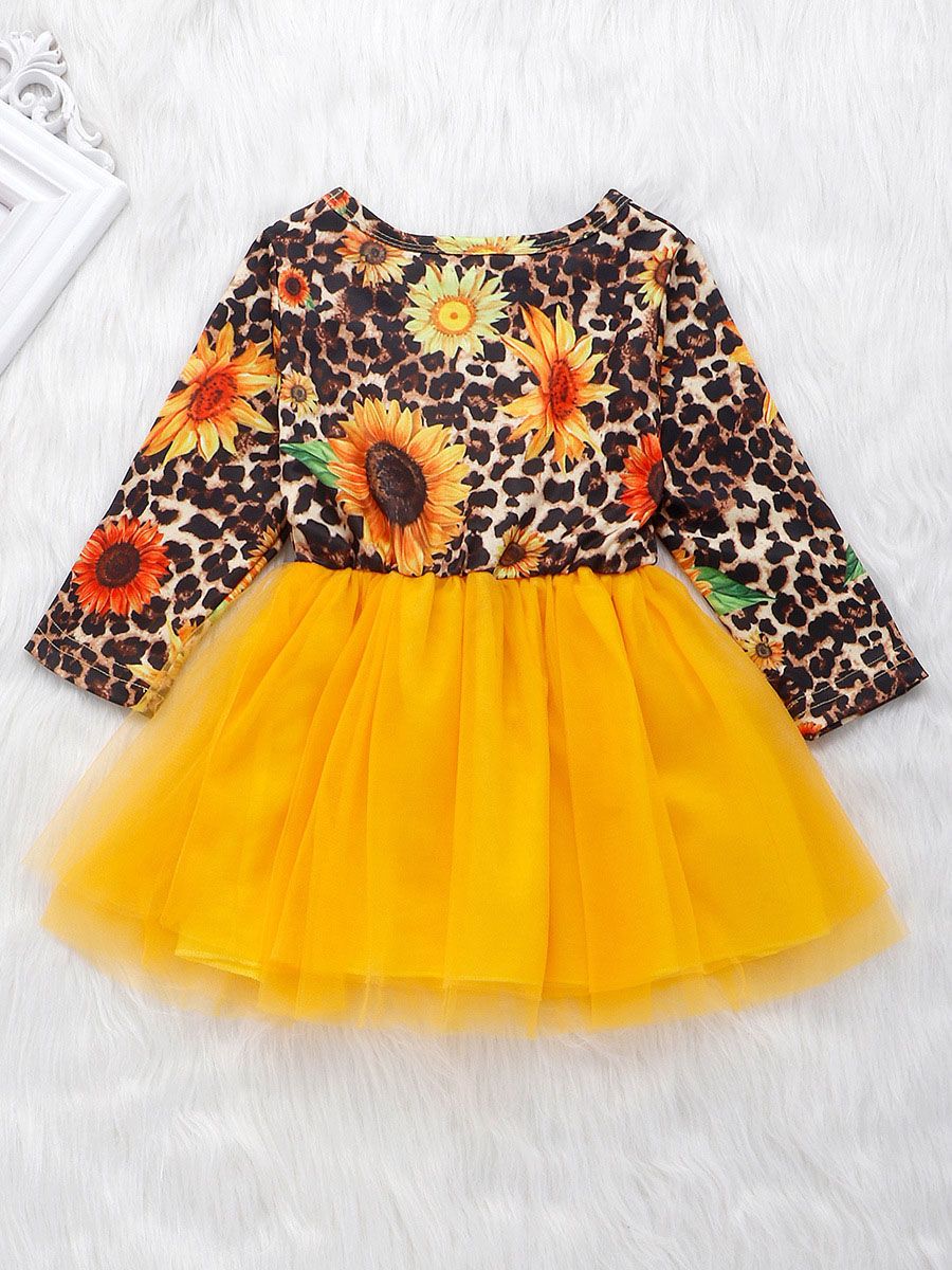 Fashion Girl Sunflower Leopard Print Mesh Patchwork Dress - dianjiang-