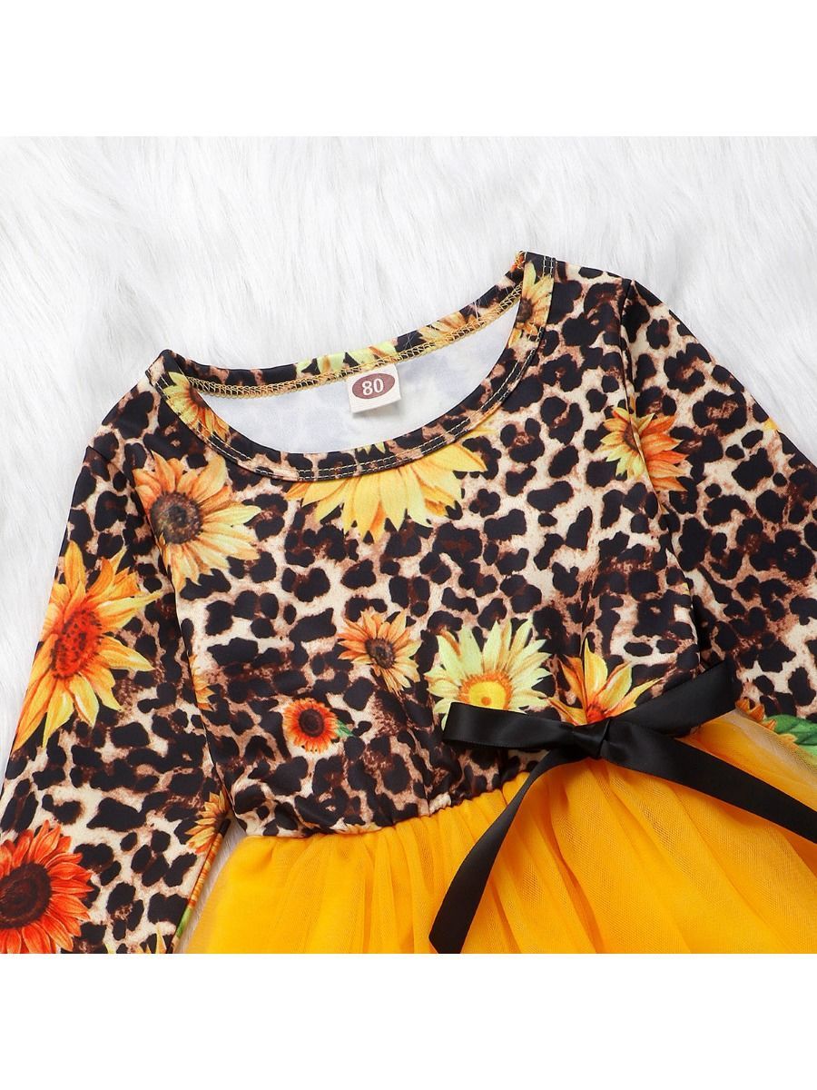 Fashion Girl Sunflower Leopard Print Mesh Patchwork Dress - dianjiang-