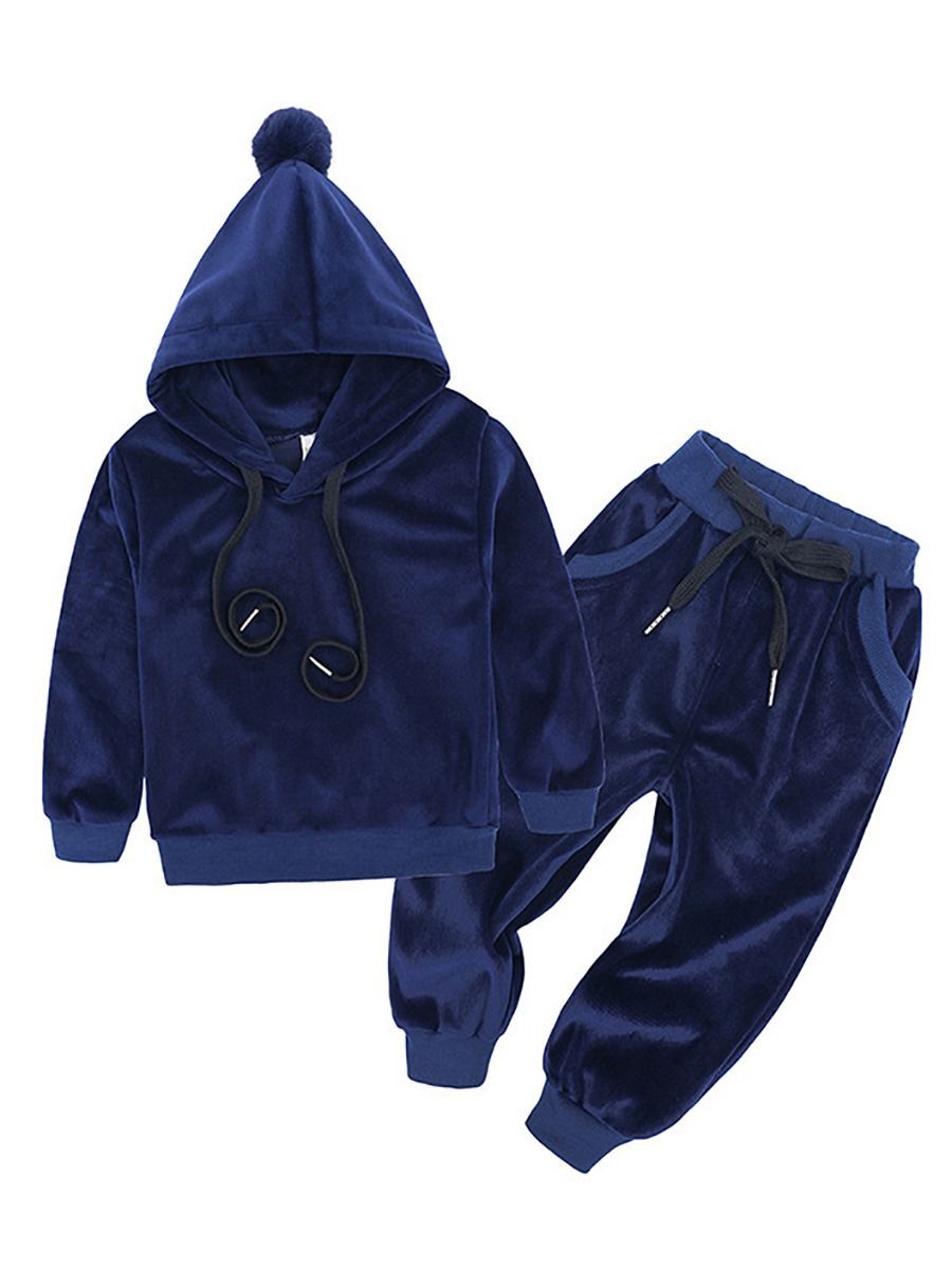 Fashion  Infant Toddler Kids Velvet 2-Piece Outfits Pom Pom Trimmed Hoodie + Trousers - dianjiang-