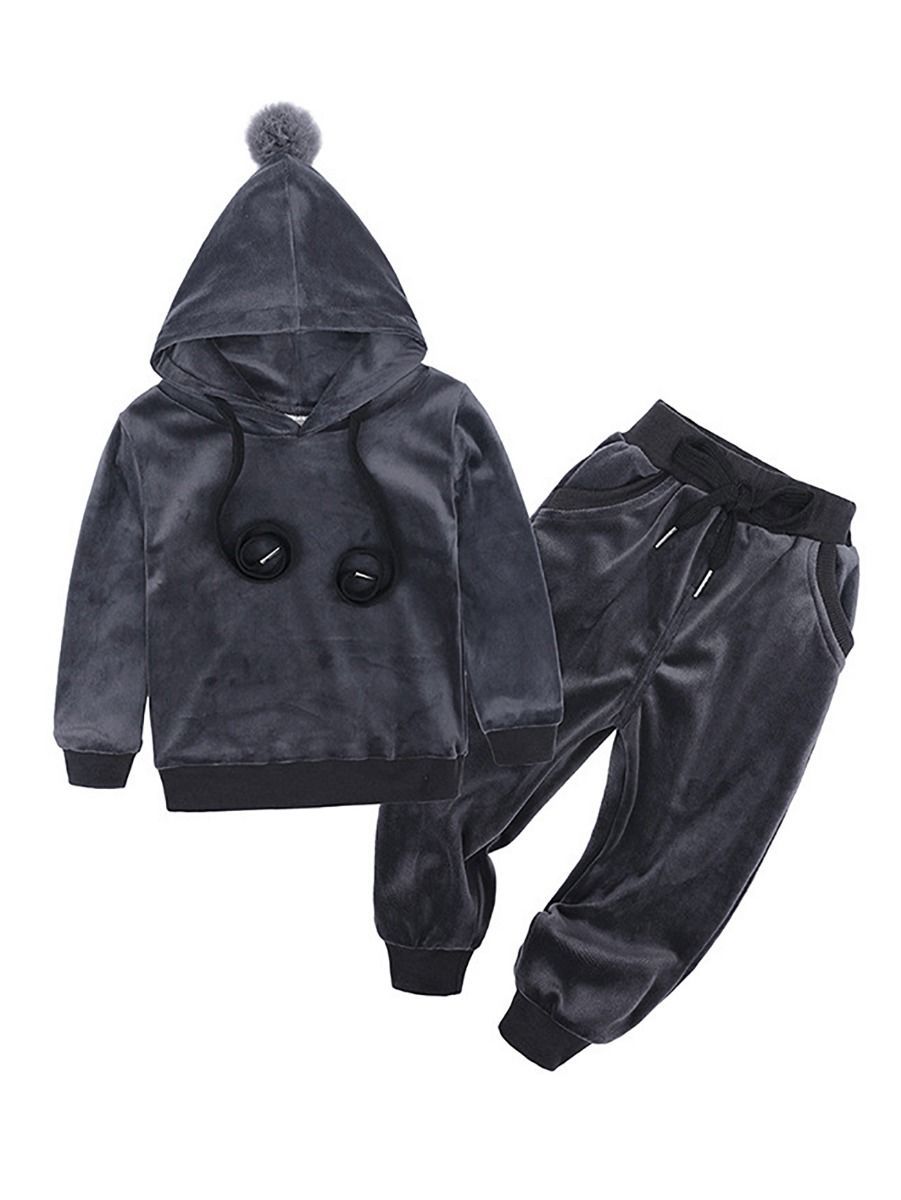 Fashion  Infant Toddler Kids Velvet 2-Piece Outfits Pom Pom Trimmed Hoodie + Trousers - dianjiang-