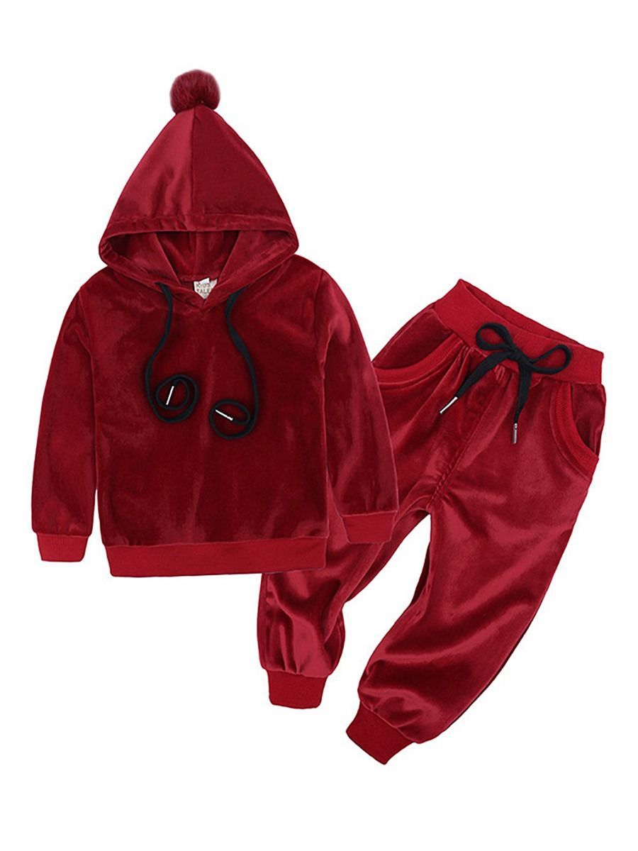 Fashion  Infant Toddler Kids Velvet 2-Piece Outfits Pom Pom Trimmed Hoodie + Trousers - dianjiang-