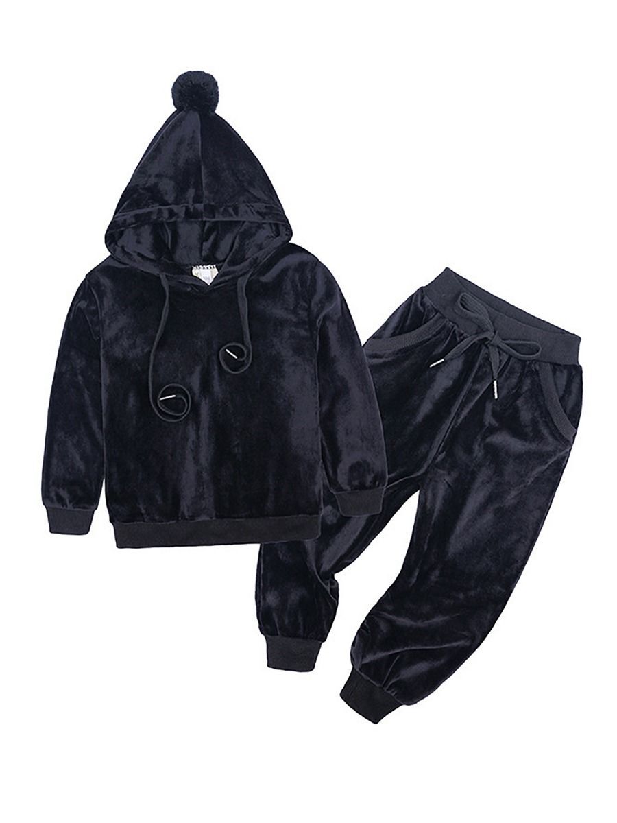 Fashion  Infant Toddler Kids Velvet 2-Piece Outfits Pom Pom Trimmed Hoodie + Trousers - dianjiang-