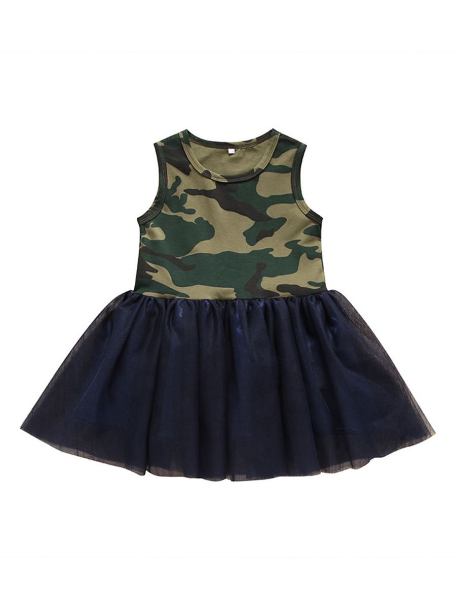 Fashion Little Girl Camo Mesh Patchwork Sleeveless Dress - dianjiang-