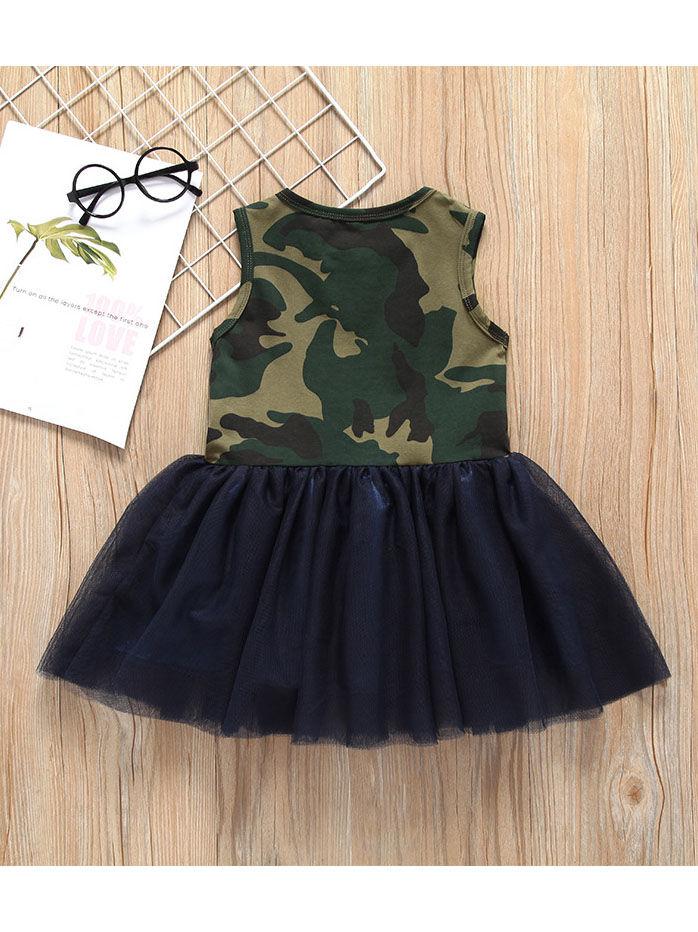 Fashion Little Girl Camo Mesh Patchwork Sleeveless Dress - dianjiang-