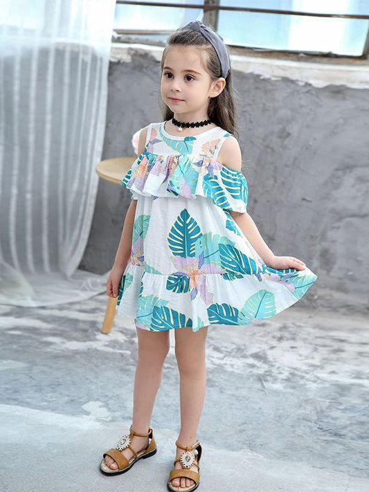 Fashion Toddlers Girls Summer Off Shoulder Print Dress - dianjiang-