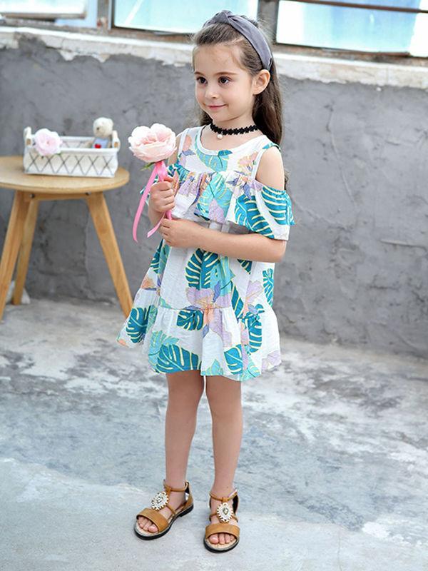 Fashion Toddlers Girls Summer Off Shoulder Print Dress - dianjiang-