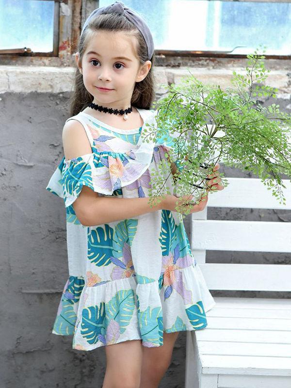 Fashion Toddlers Girls Summer Off Shoulder Print Dress - dianjiang-