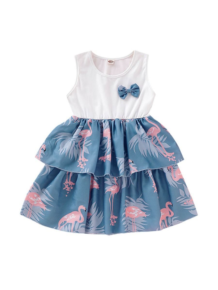 Fashion Round Neck Flamingo Bowknot Toddler Girl Sleeveless Dress - dianjiang-