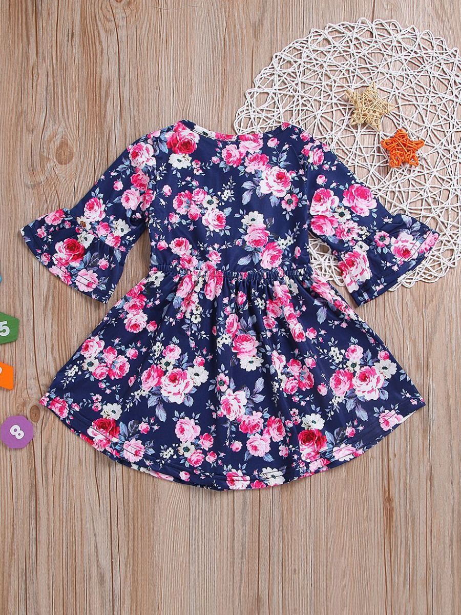 Vintage Flare Sleeve Baby Toddler Girl Casual Floral Dress - dianjiang-