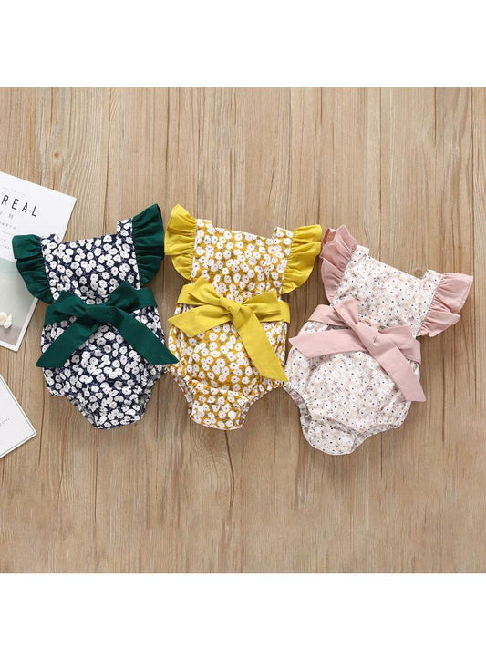 Floral Flutter Sleeve Big Bow Baby Jumpsuit - dianjiang-