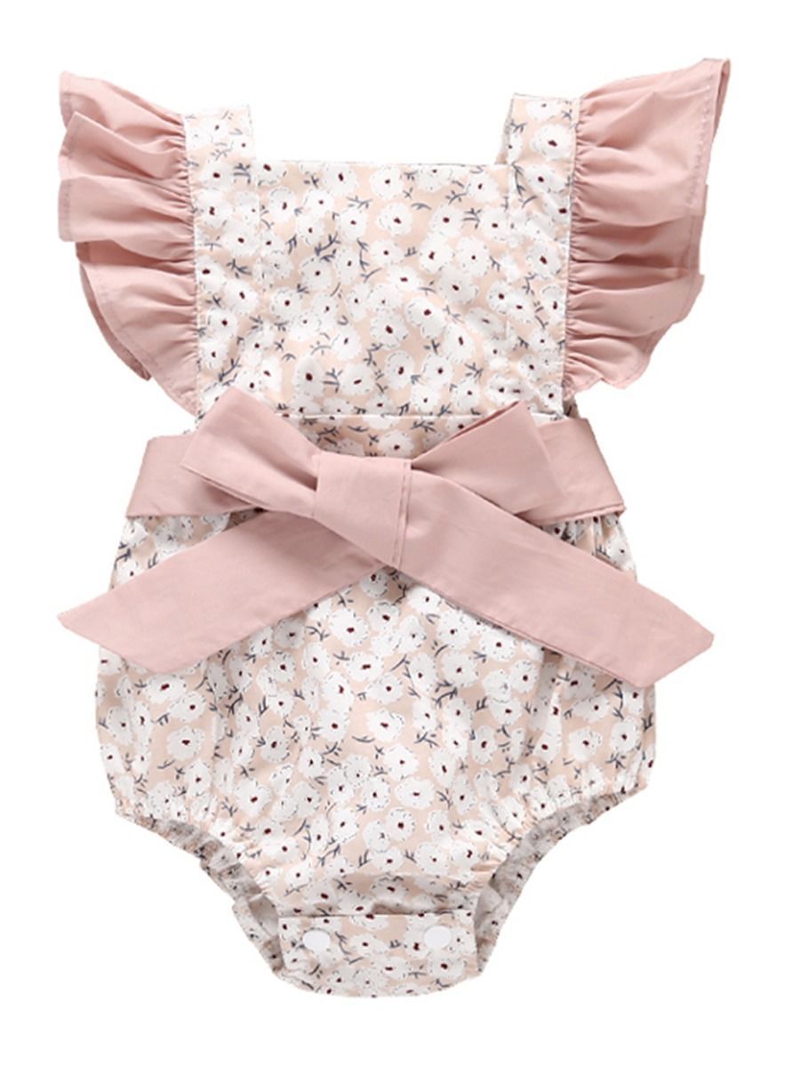 Floral Flutter Sleeve Big Bow Baby Jumpsuit - dianjiang-