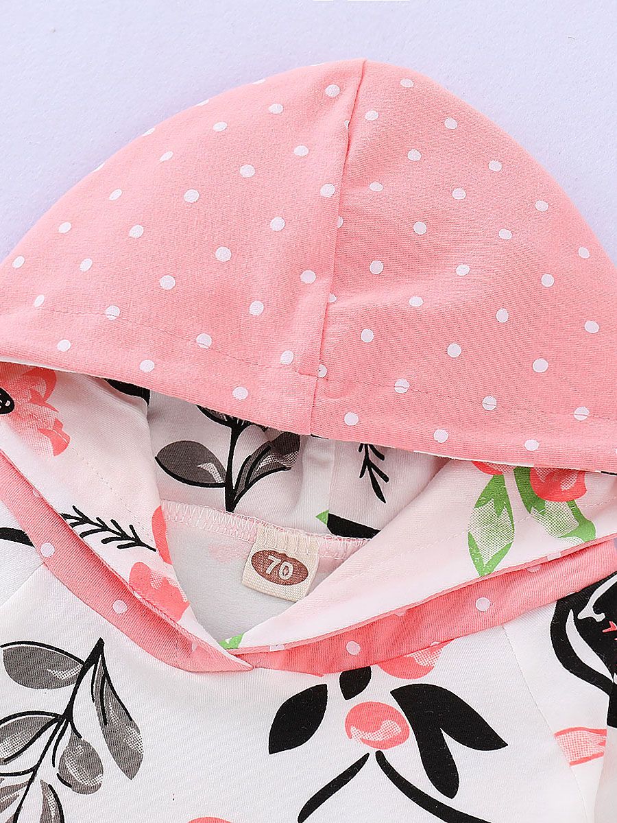 Fall 3-Piece Clothes Set Floral Hoodie Sweatshirt+Polka Dots Pants+Bow Headband - dianjiang-