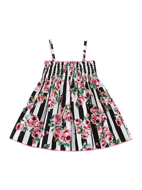 Floral Print Black White Stripes Suspender Dress Baby Toddler Girls Clothes - dianjiang-