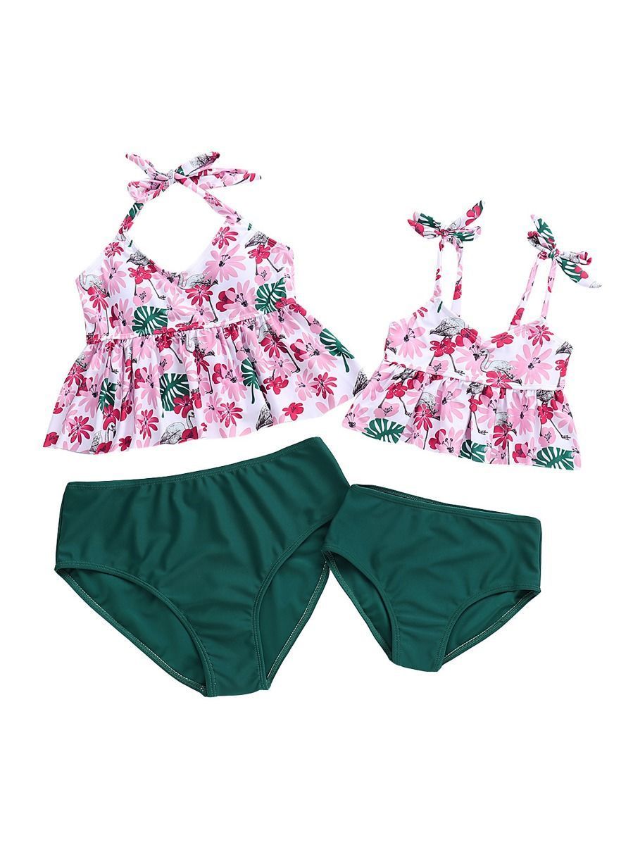 Floral Ruffle Tie Swimsuit For Mommy and Daughter - dianjiang-