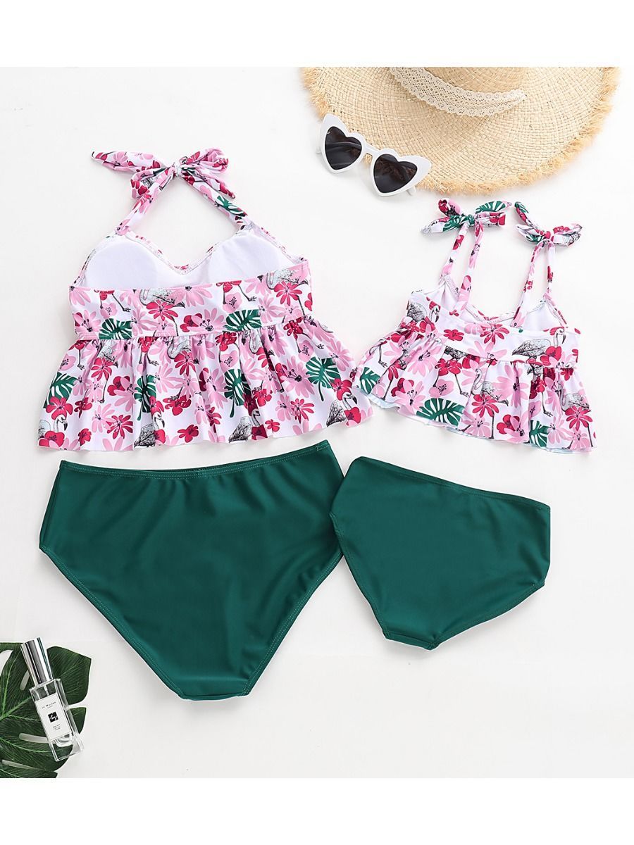 Floral Ruffle Tie Swimsuit For Mommy and Daughter - dianjiang-