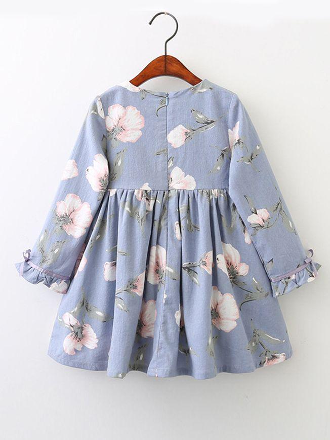 Spring Autumn Floral Shift Dress with Ruffle-cuff for Little Big Girl - dianjiang-