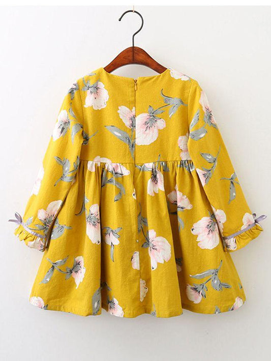 Spring Autumn Floral Shift Dress with Ruffle-cuff for Little Big Girl - dianjiang-