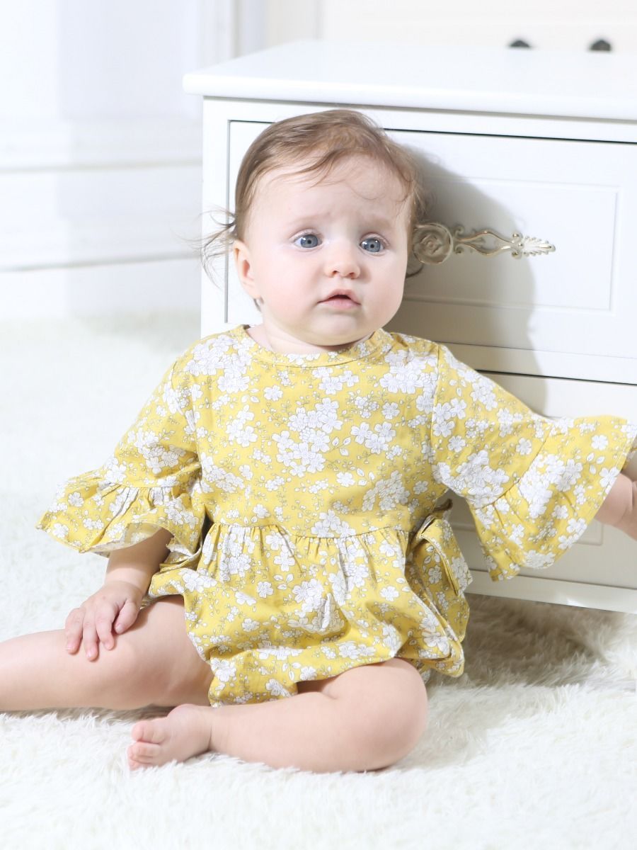 Floral Short Bell-sleeve Baby Girl Bodysuit Bow Onesie - dianjiang-