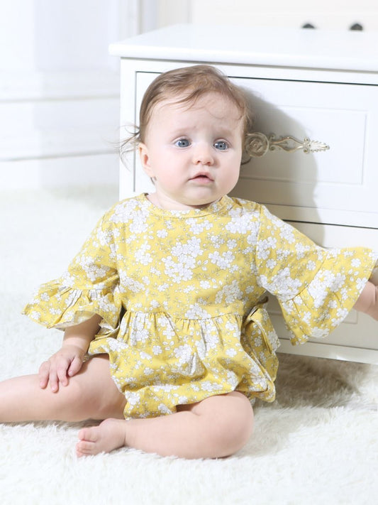 Floral Short Bell-sleeve Baby Girl Bodysuit Bow Onesie - dianjiang-