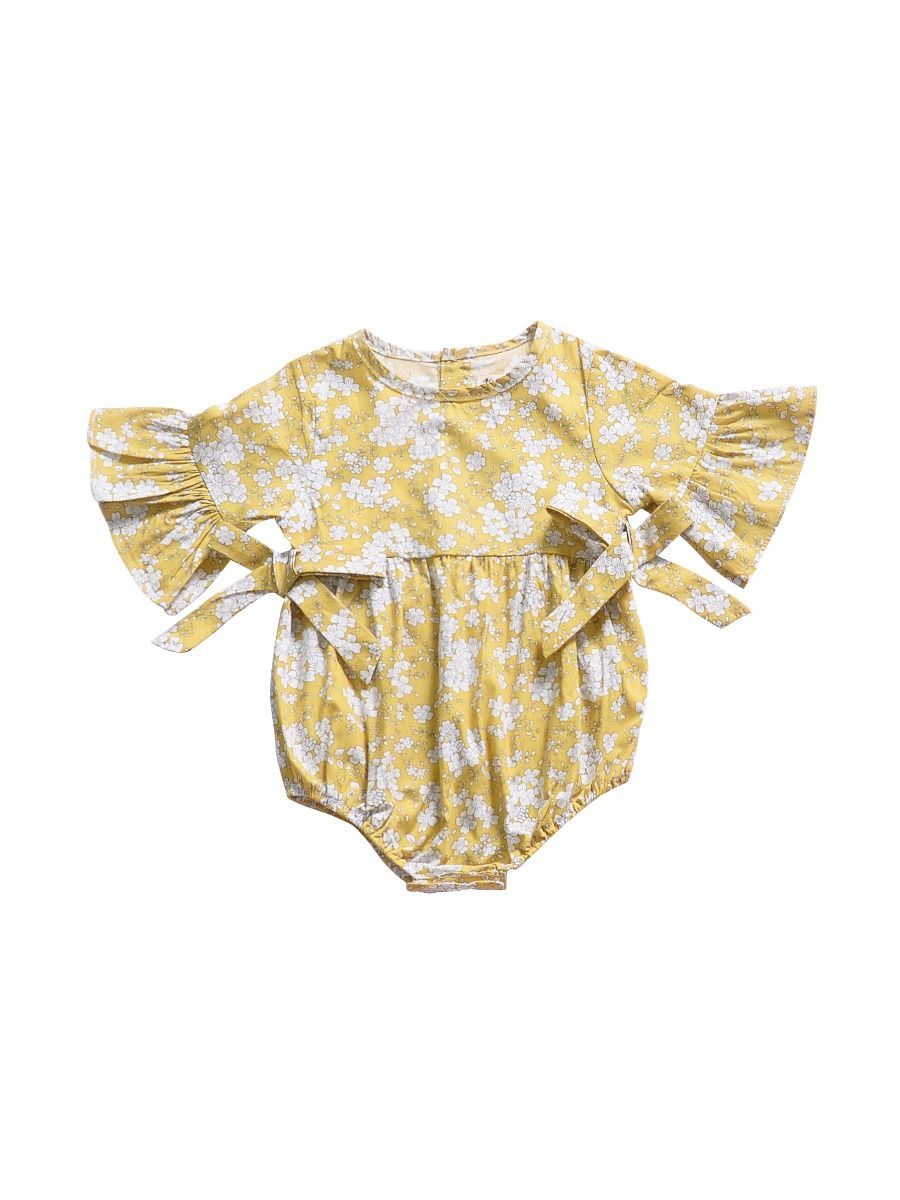 Floral Short Bell-sleeve Baby Girl Bodysuit Bow Onesie - dianjiang-