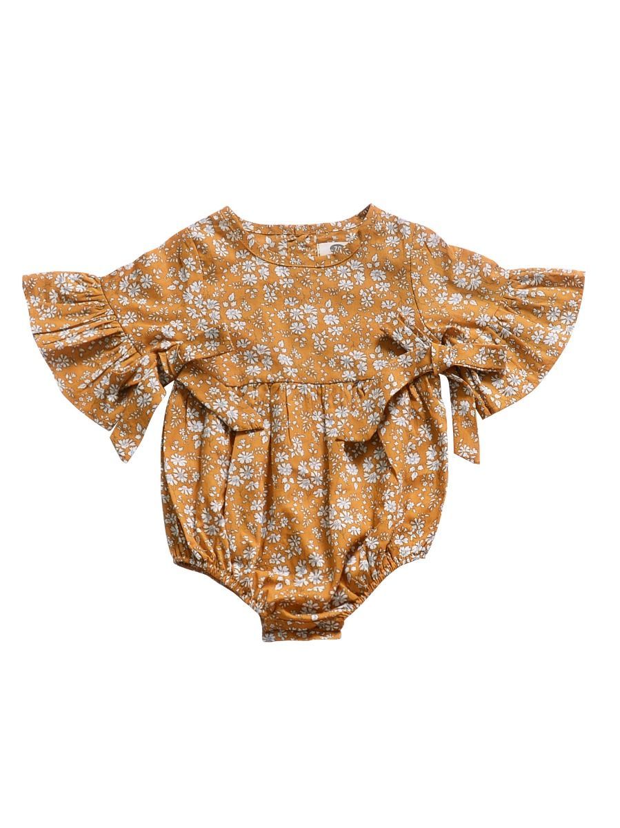 Floral Short Bell-sleeve Baby Girl Bodysuit Bow Onesie - dianjiang-