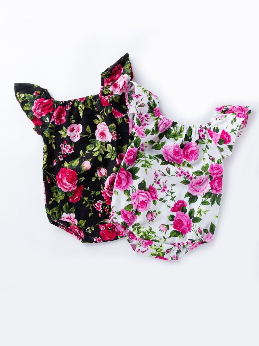 Floral Short Flutter Sleeve Baby Girl Onesie with Headband - dianjiang-