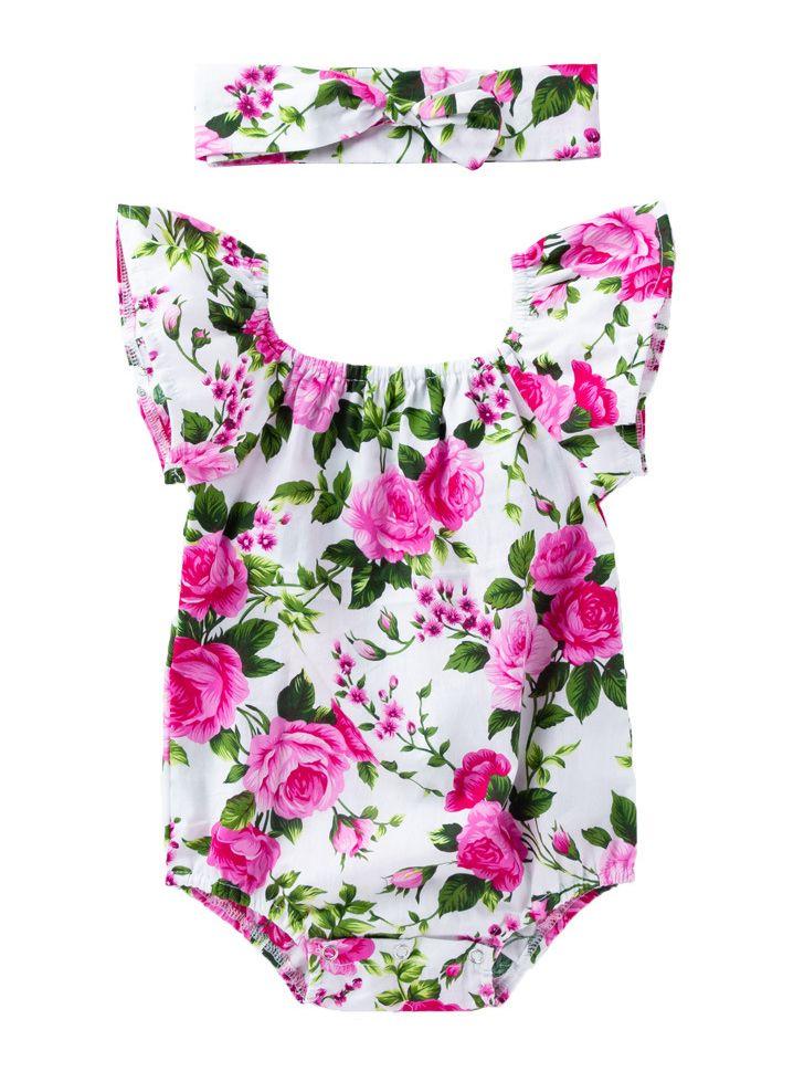 Floral Short Flutter Sleeve Baby Girl Onesie with Headband - dianjiang-