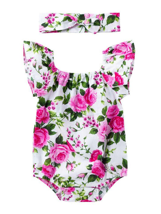 Floral Short Flutter Sleeve Baby Girl Onesie with Headband - dianjiang-