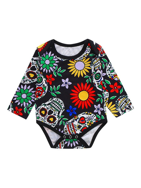 Baby Girls Floral & Skull Round neck Long Sleeves Romper - dianjiang-