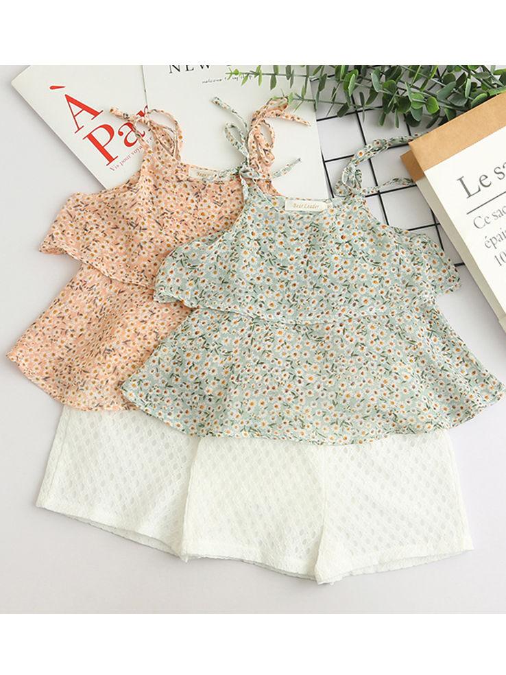 3-Piece Outfits Little Big Girl Floral Tie Top+White Shorts +Hat - dianjiang-