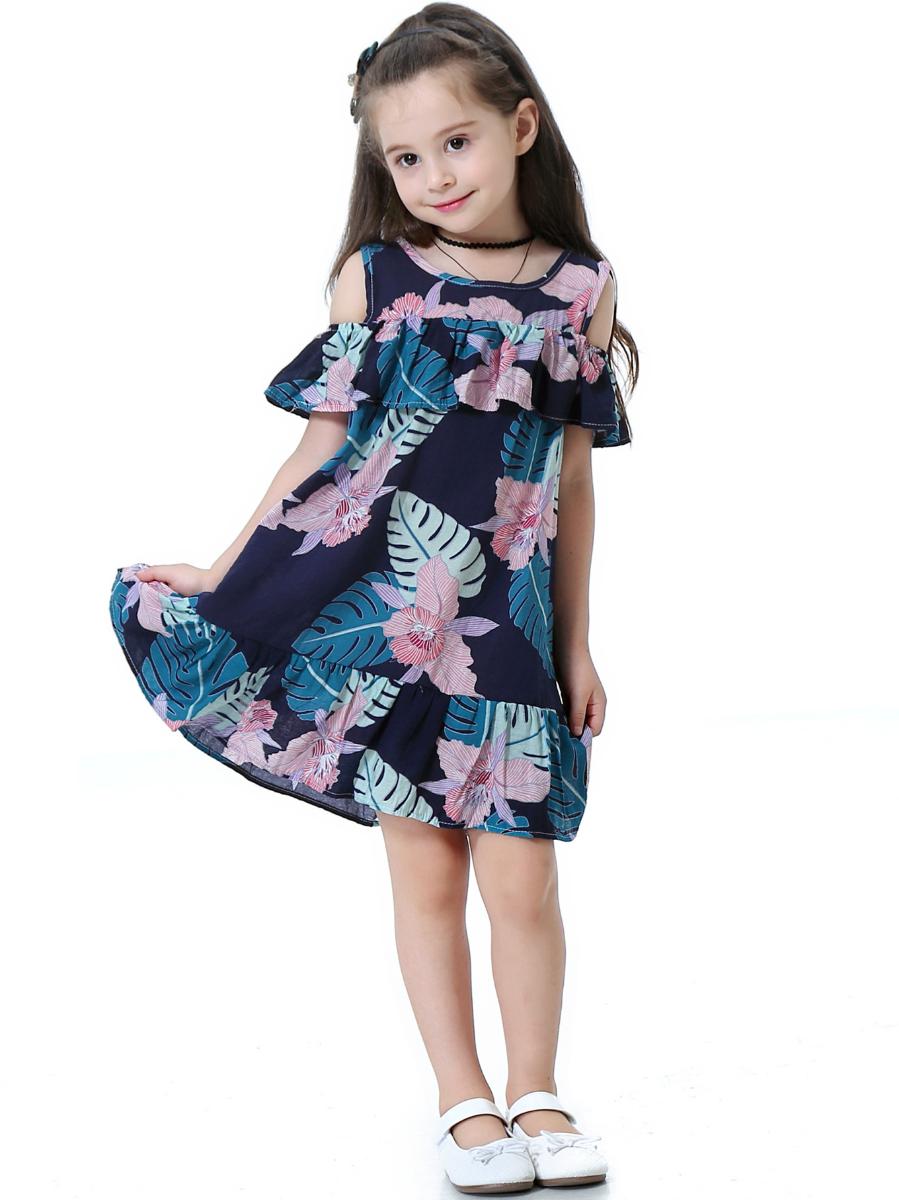 Flounced Flower Print Cotton Little Girls Dress - dianjiang-