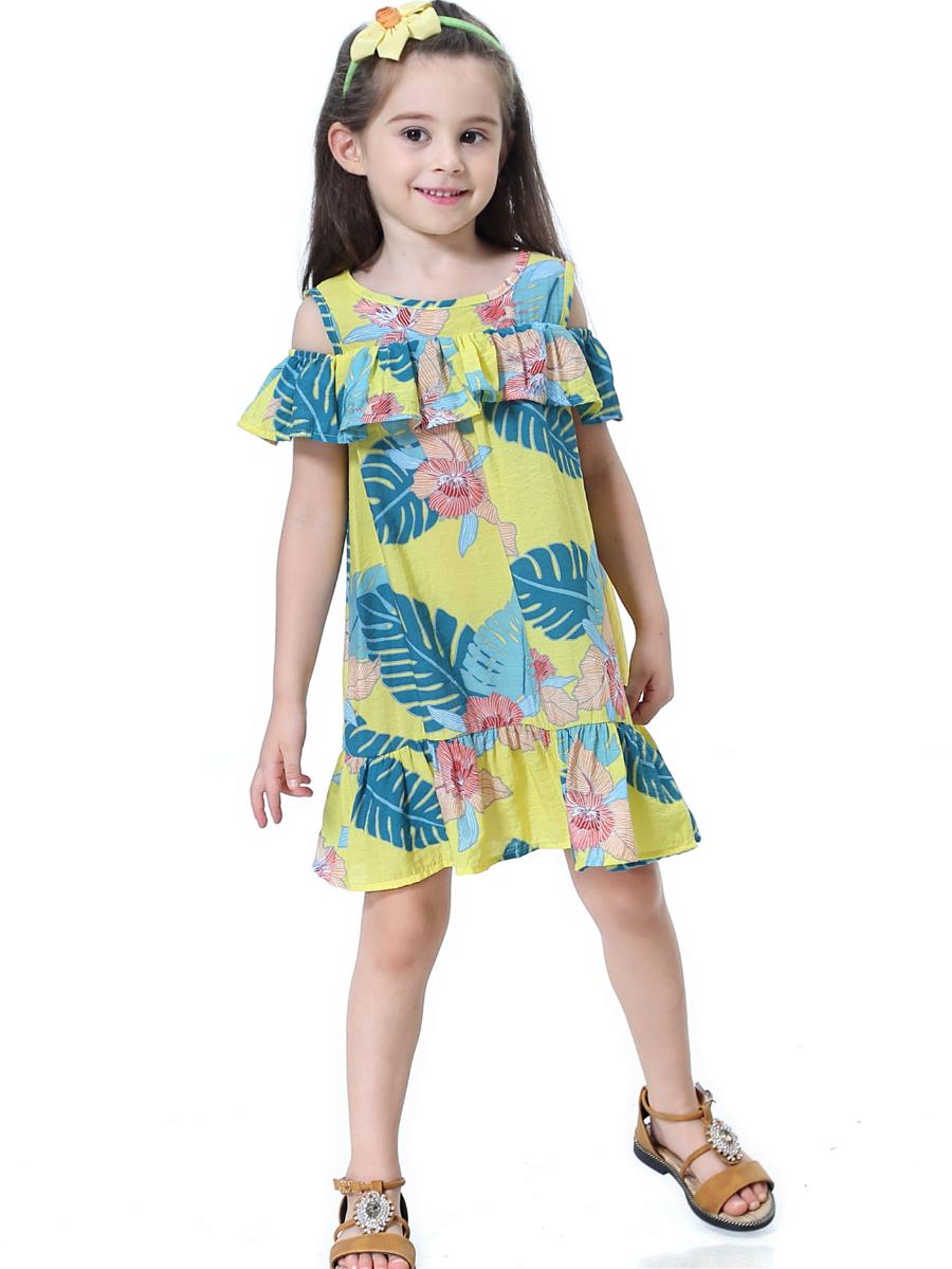 Flounced Flower Print Cotton Little Girls Dress - dianjiang-
