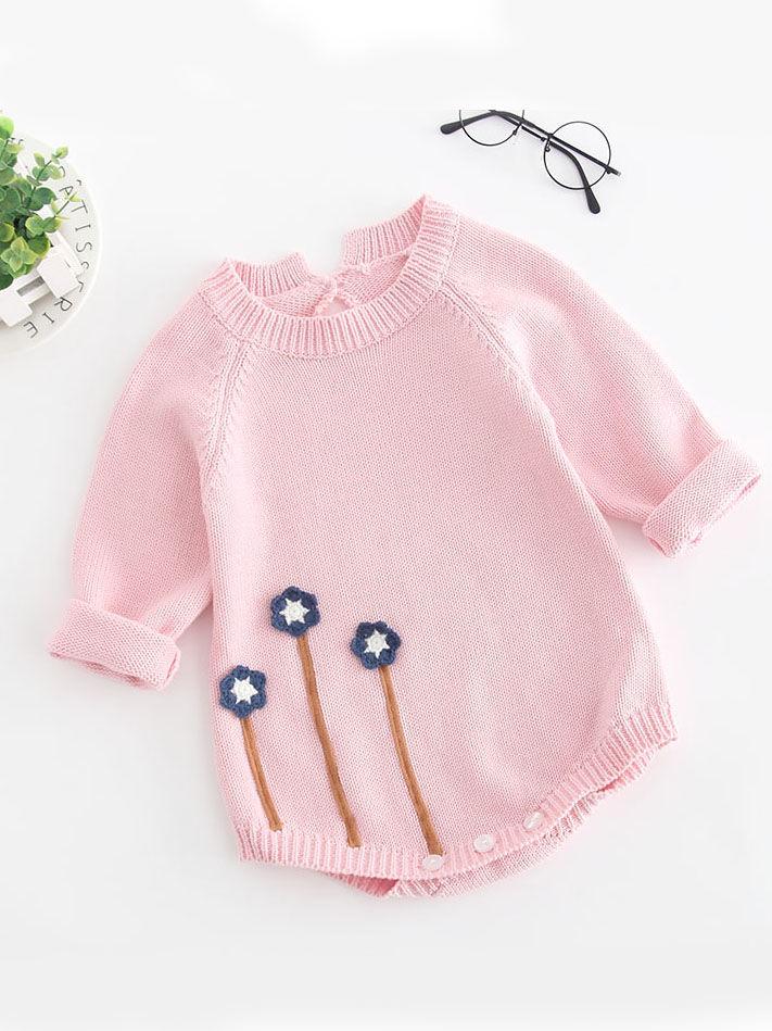 Flower Applique Cotton Onesie Knitted Jumpsuit Long Sleeve for Infant Baby Girls - dianjiang-