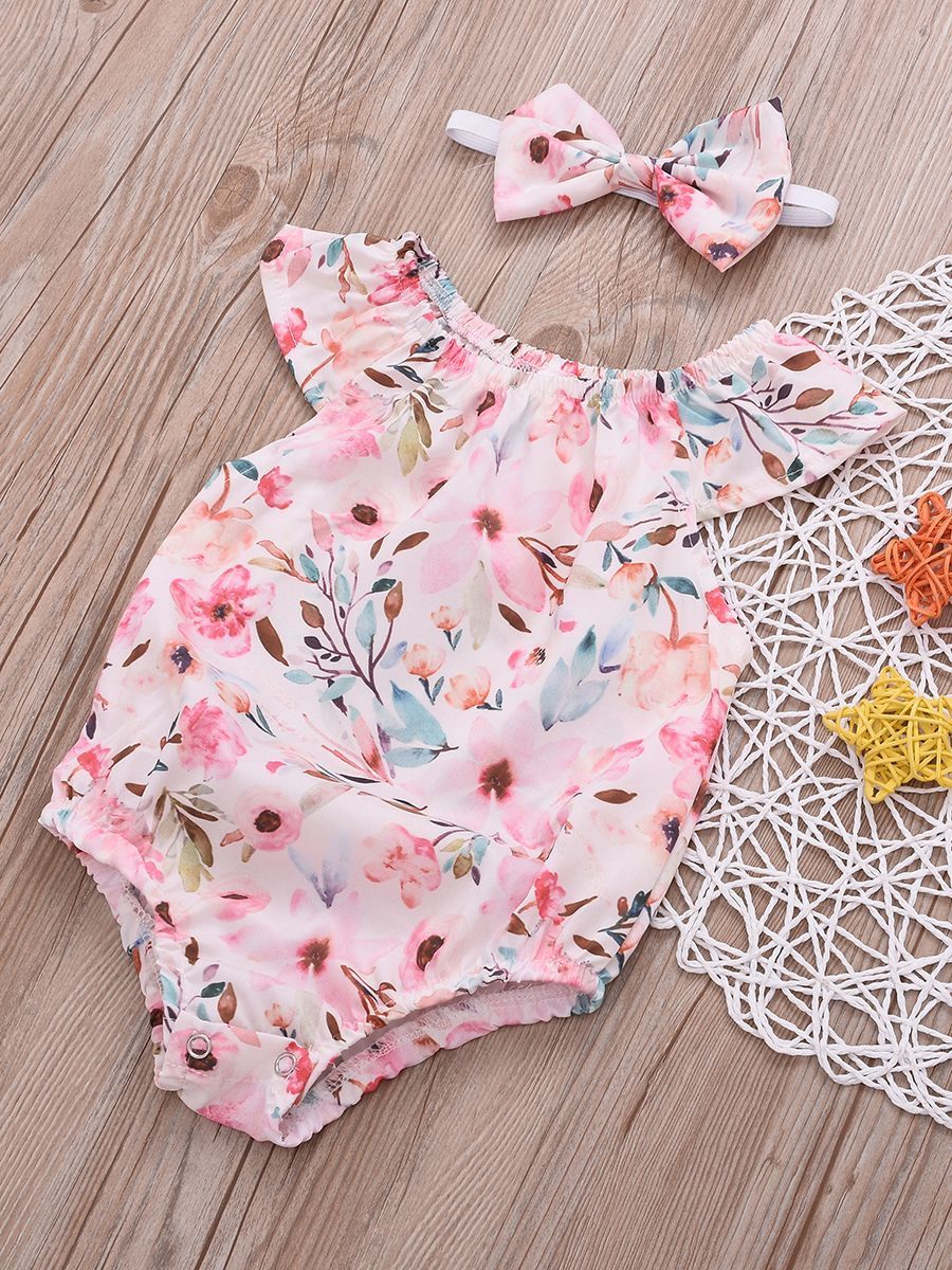 Summer Infant Girl Onesies Short-sleeved Flower Bodysuit with Headband - dianjiang-