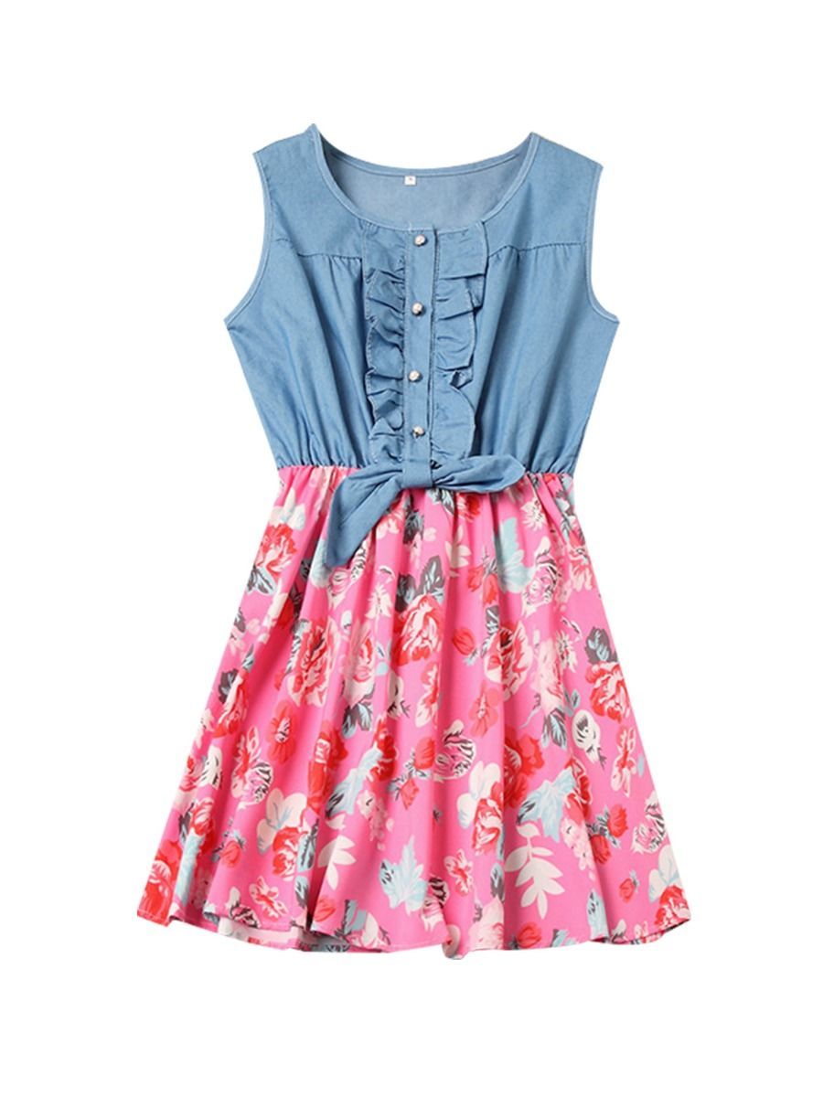 Mom And Me Family Fitted  Flower Denim Patchwork Sleeveless Kids Dress - dianjiang-