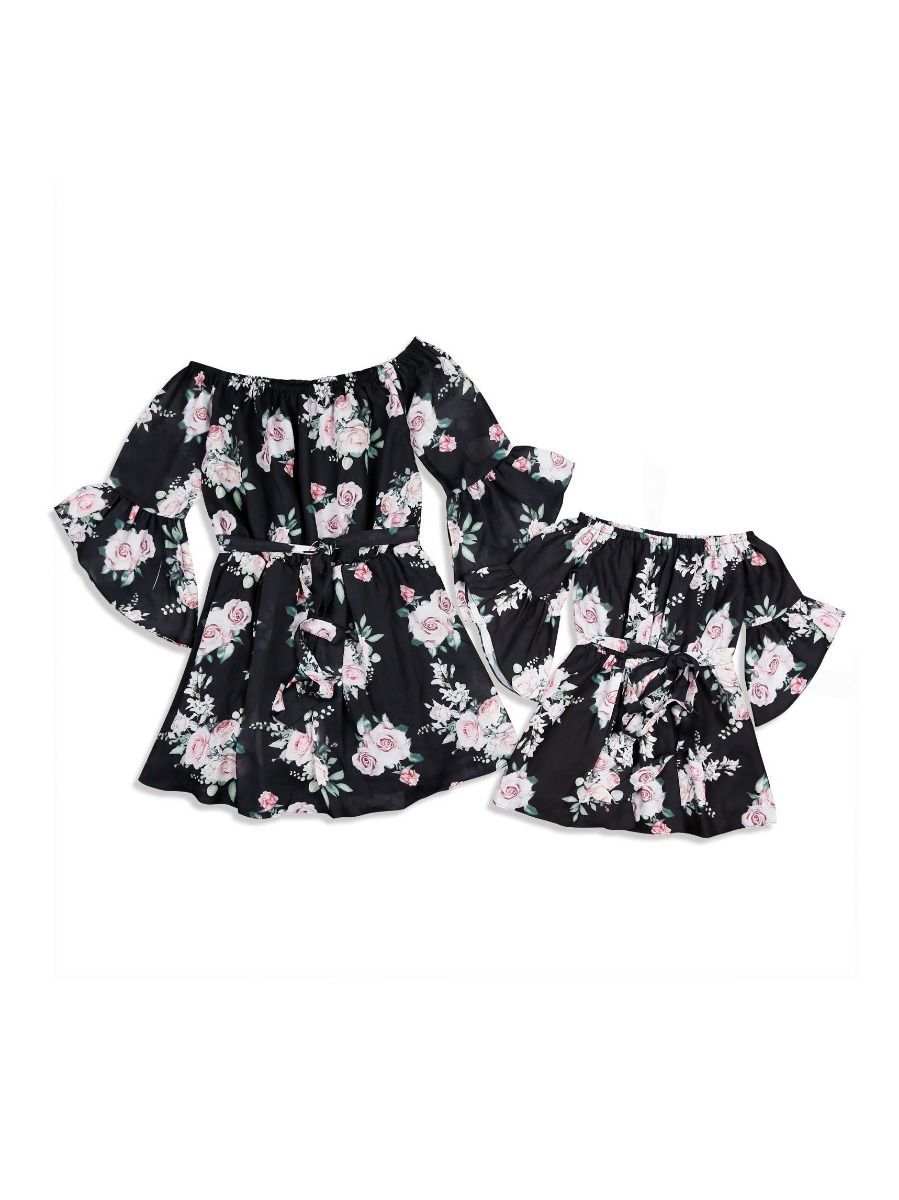 Mommy and Me Family Fitted Flower Overall Print Off Shoulder Dress - dianjiang-