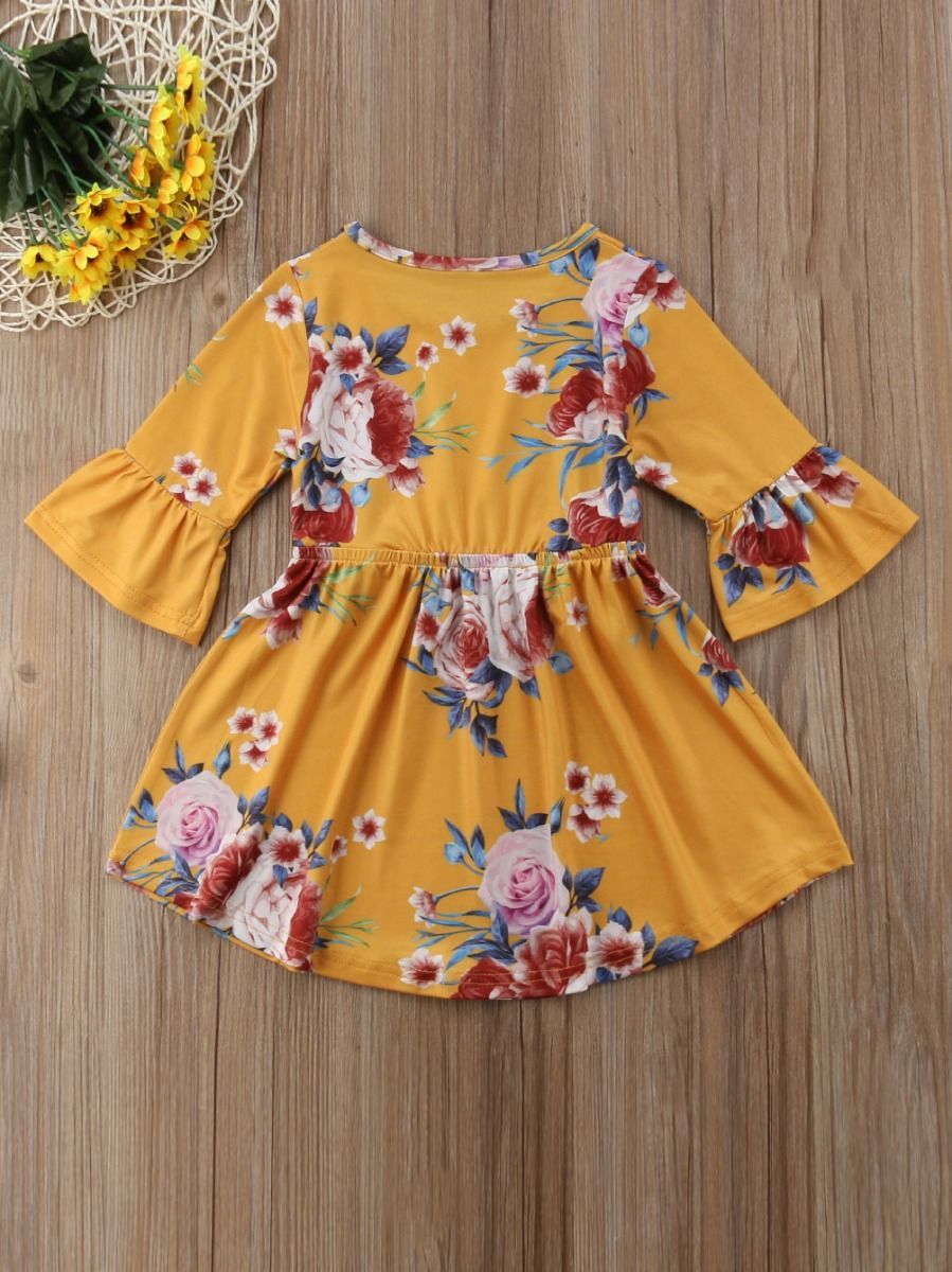 Vintage Bell-sleeved Flower One-Piece Dress for Spring Autumn Baby Little Girl - dianjiang-