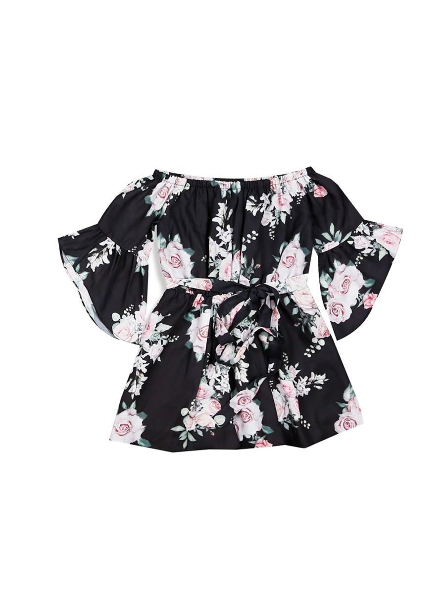 Mommy and Me Family Fitted Flower Overall Print Off Shoulder Dress - dianjiang-