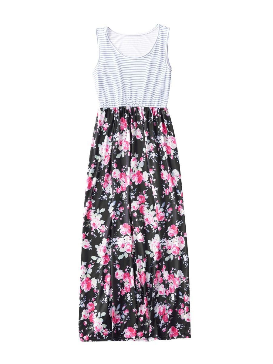 Mommy and Me Family Fitted Stripe Flower Patchwork Dress Summer - dianjiang-