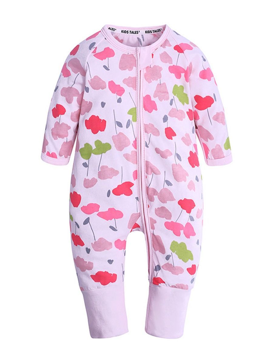 Cutest Autumn Baby Girls Flower Printed Zip Long-sleeved Overalls - dianjiang-
