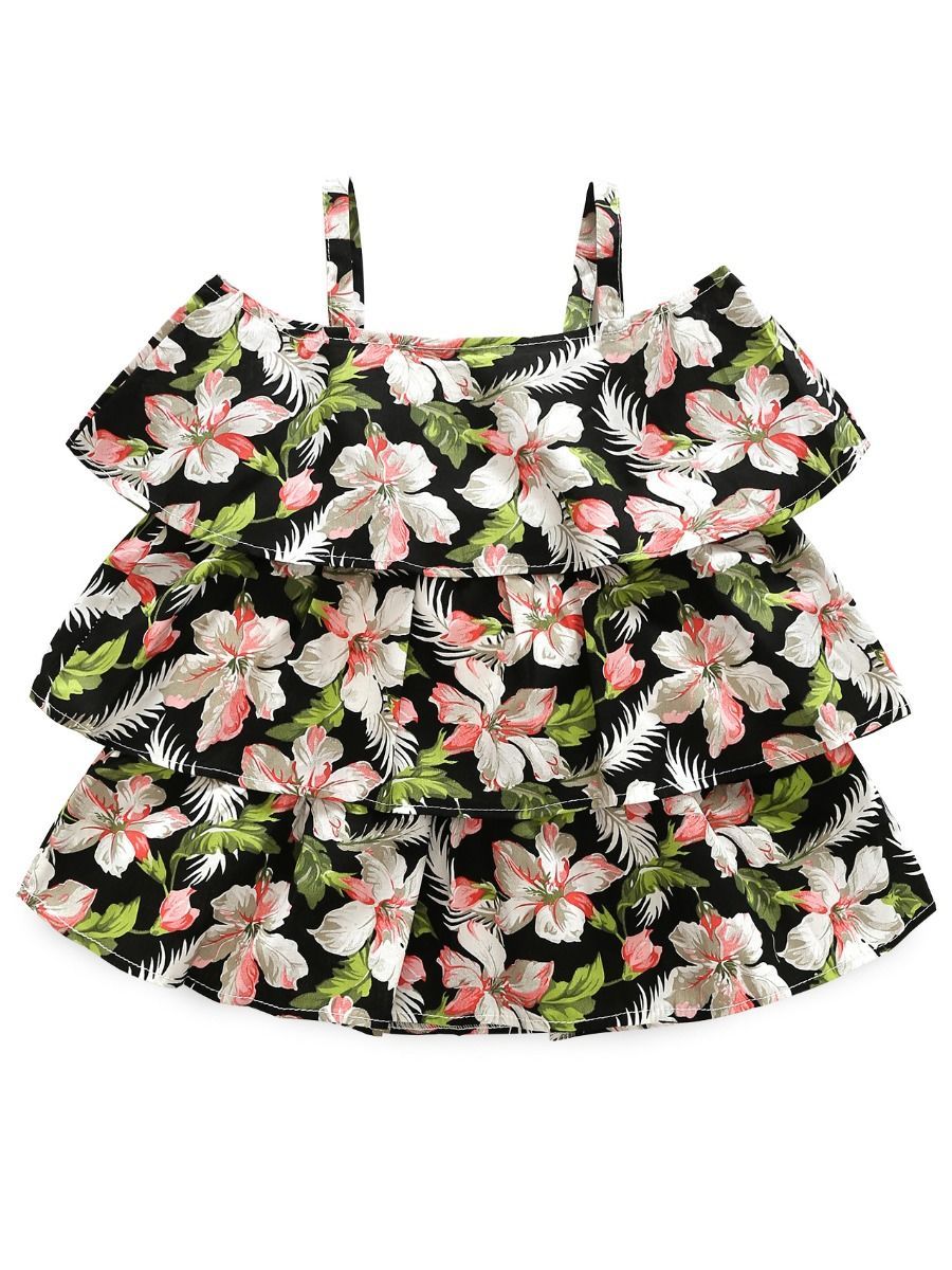 Summer 2-Piece Outfit Flower Suspender Top + Ripped Fringed-hem Shorts For Little Big Girl - dianjiang-