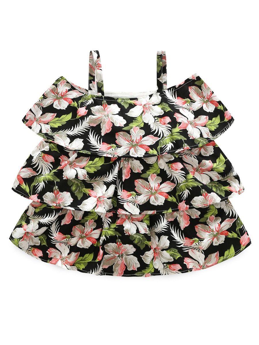 Summer 2-Piece Outfit Flower Suspender Top + Ripped Fringed-hem Shorts For Little Big Girl - dianjiang-