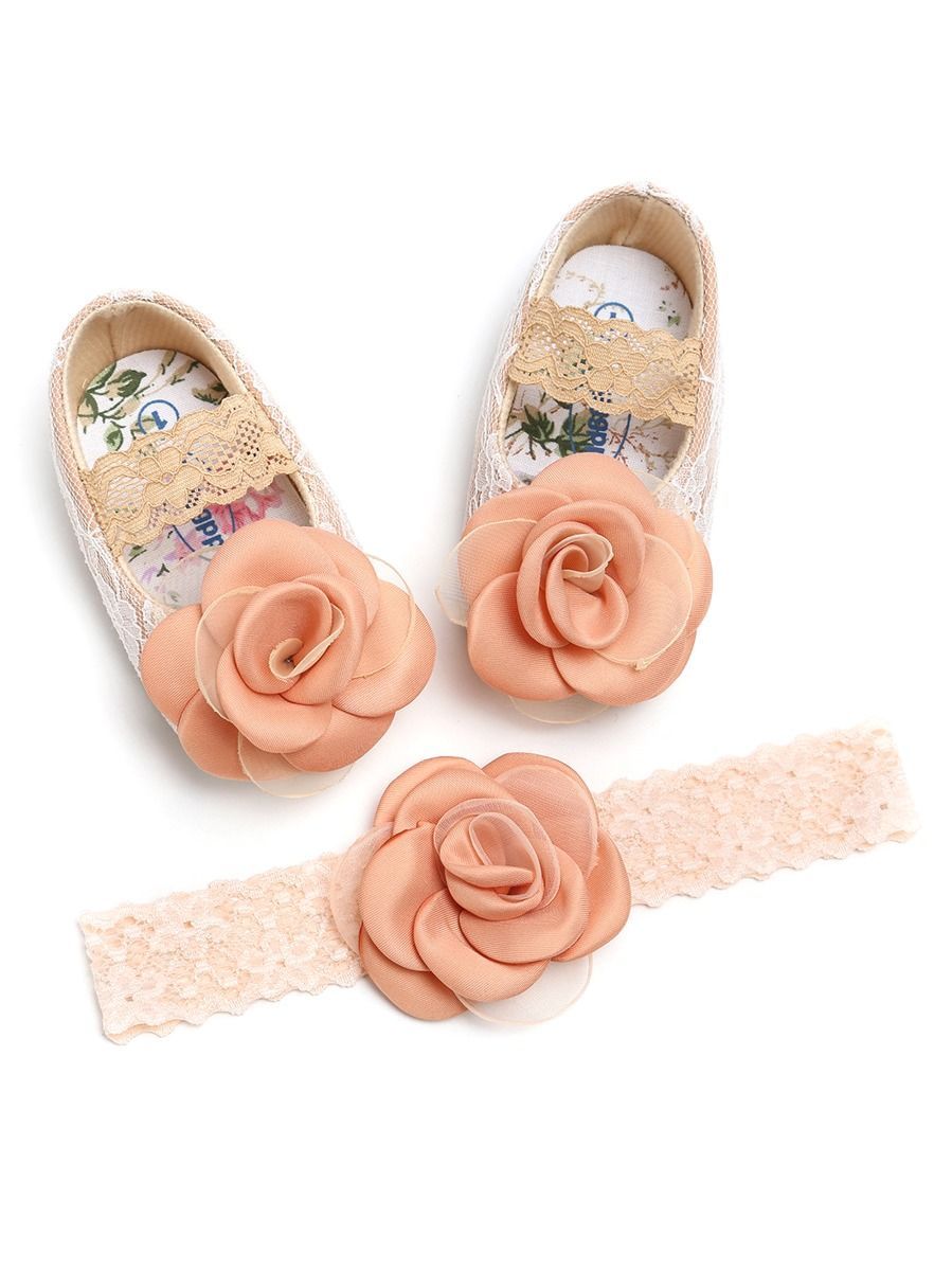 Infant Baby Girls 2-Piece Set Flower Trim Lace Princess Shoes Matching Headband - dianjiang-