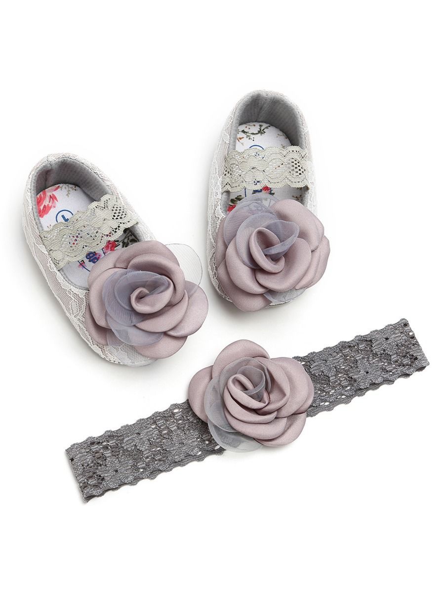 Infant Baby Girls 2-Piece Set Flower Trim Lace Princess Shoes Matching Headband - dianjiang-