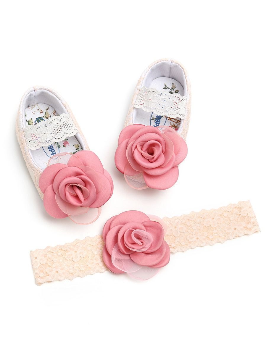 Infant Baby Girls 2-Piece Set Flower Trim Lace Princess Shoes Matching Headband - dianjiang-