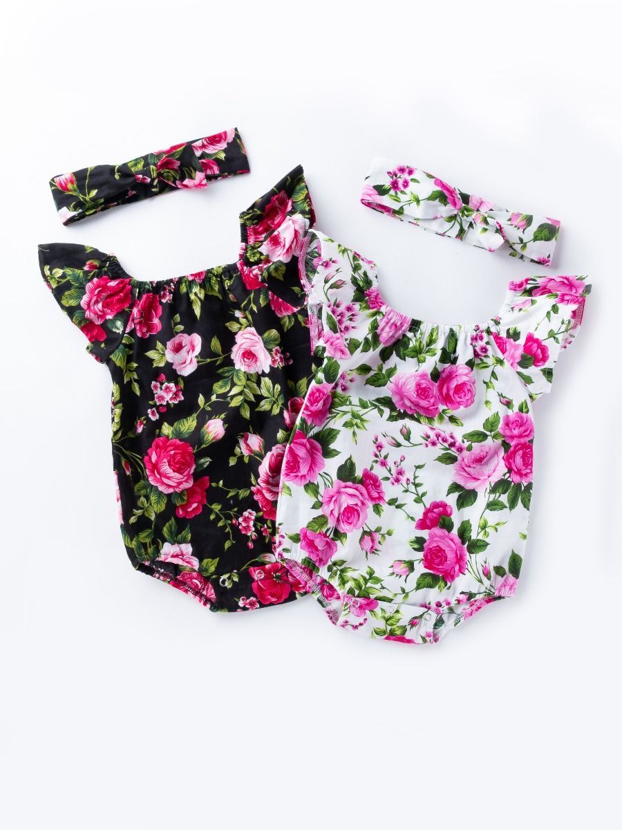 Floral Short Flutter Sleeve Baby Girl Onesie with Headband - dianjiang-