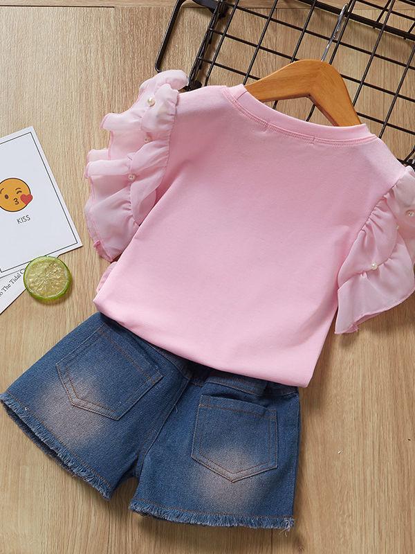 2-Piece Outfit Flutter Sleeve Beaded T-shirt+Love Heart Fringe Hem Short Jeans Little Girl Summer Clothes - dianjiang-
