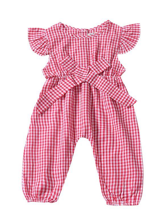 Pretty Flutter Sleeve Bow Checked Baby Girl Summer Overall - dianjiang-