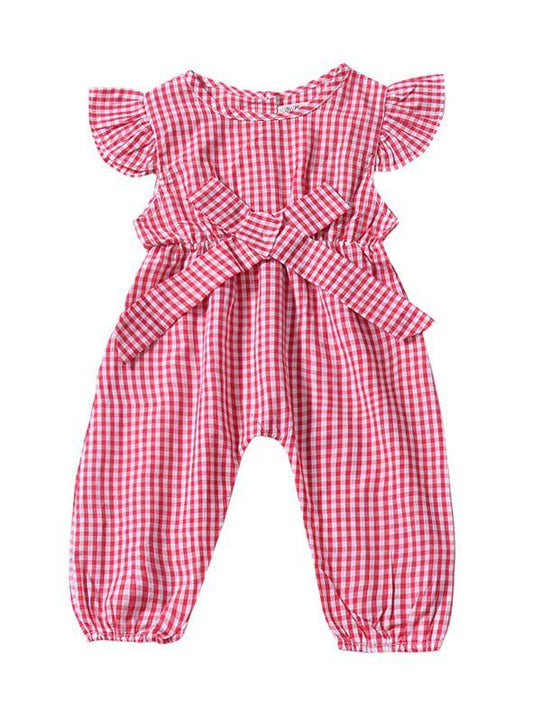 Pretty Flutter Sleeve Bow Checked Baby Girl Summer Overall - dianjiang-